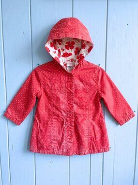 GYMBOREE Girls Red Polka Dot Poppy Flower Hood Raincoat Jacket - 12-18 Months